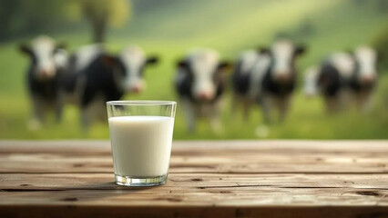 A glass of milk and cows in the background