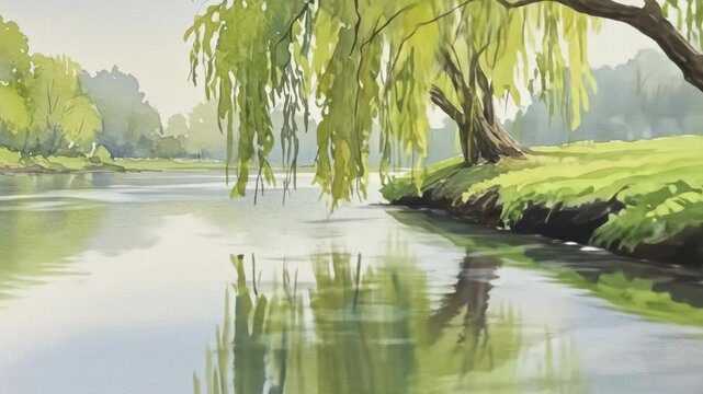 A watercolor painting of a tranquil riverside scene. A weeping tree drapes over calm water, reflecting its leaves. The far bank holds more trees