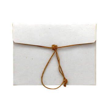 Recycled paper pouch with string tie, bright white background