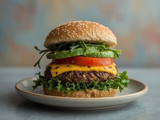 Hamburger with a perfectly grilled patty and fresh toppings
