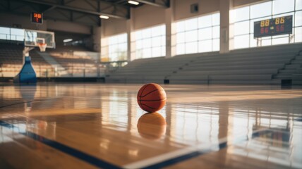 A solitary basketball rests on a polished court, illuminated by natural light streaming through large windows in an empty gymnasium.