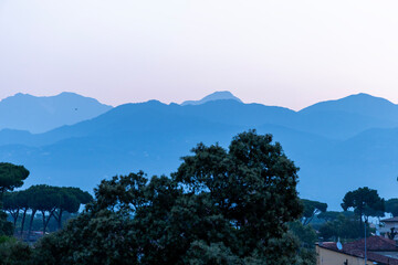 View of the mountains Apuan Alps. Morning mountain landscape. Italy Viareggio, Apennine Mountains