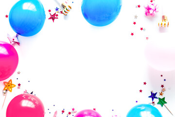 Decorative frame with colorful balloons on white background top-down frame copy space
