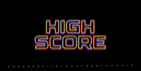 HIGH SCORE retro glitch phrase. Neon RGB arcade banner for gaming UI, win screen, or 80s style video game design. Vector illustration