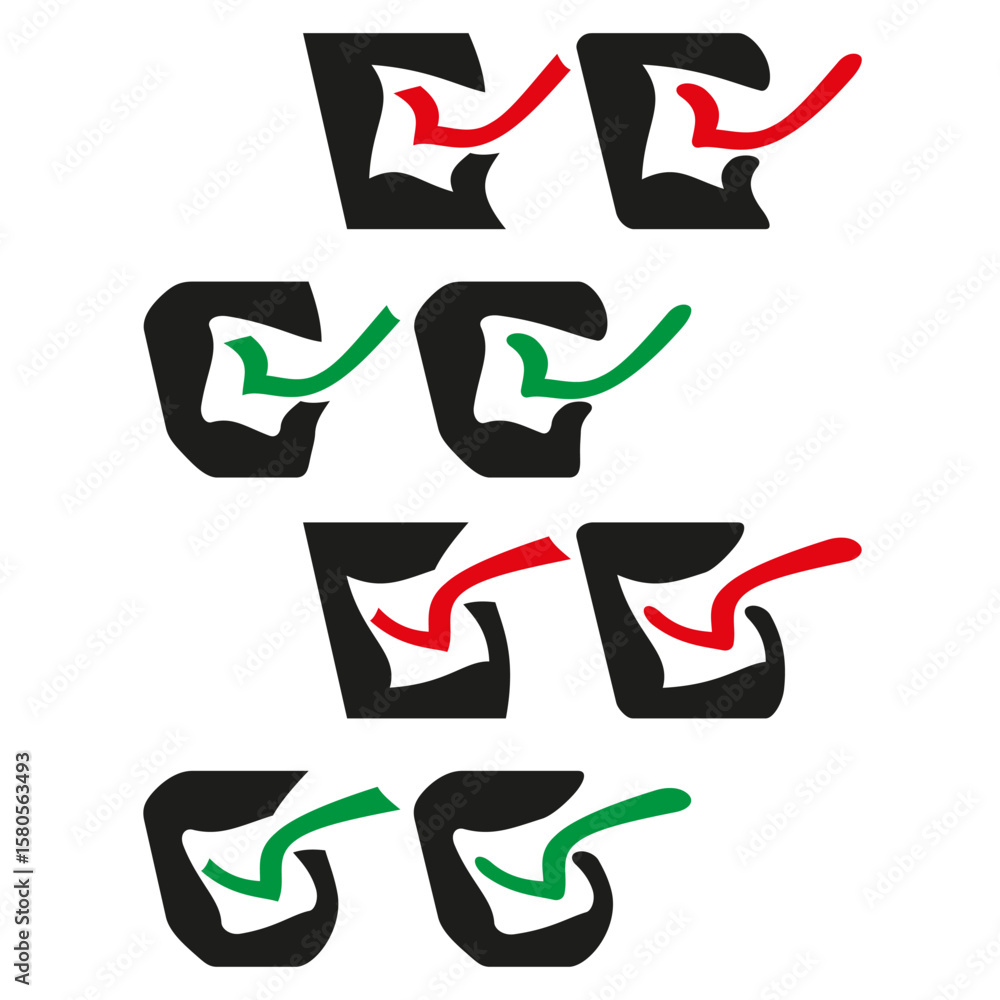 Poster checkbox selection icons. red green ticks. square approve signs. vector marks collection.