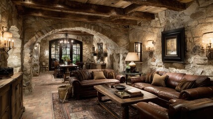 Rustic, stone-walled living room.  Spacious, inviting