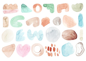 Watercolor abstract art shapes collection. Minimal modern art hand painted decoration shapes. Organic doodle, watercolor stain and painting shapes. round paint blob and brush geometric shapes.