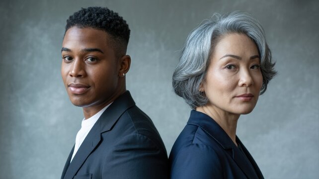 Two individuals, a young man and an older woman, stand back-to-back against a neutral gray background, both looking over their shoulders with serious expressions.