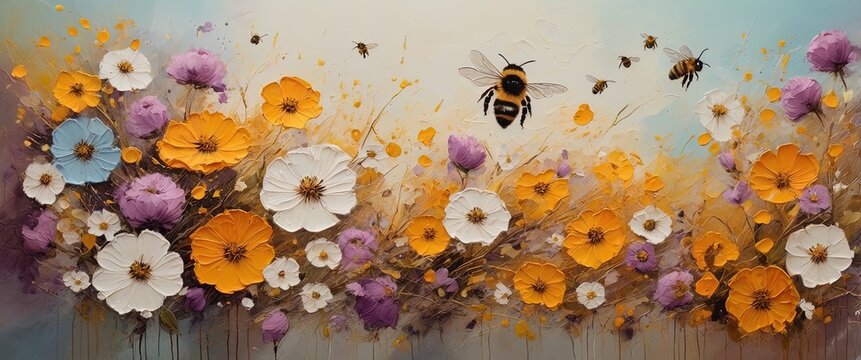Closeup of abstract rough colorful multicolored organic floral wild flowers  and honey bees art painting texture, with oil acrylic brushstroke, pallet knife paint on canvas. Wallpaper, banner