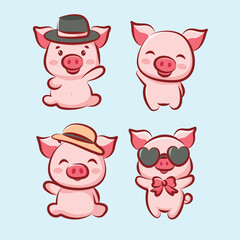 set of collection cute cartoon character pig poses  vector design
