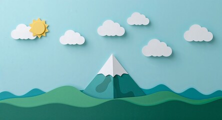 Paper cut landscape with mountain, sun, and clouds against a light blue background scenery nature