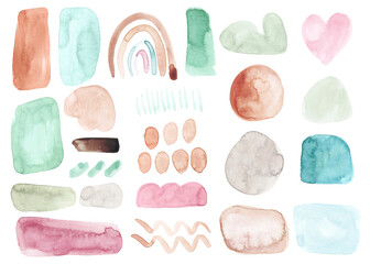 Trendy watercolor art shapes elements set. Minimal modern art hand painted decoration shapes. Organic doodle, watercolor stain and painting shapes. round paint blob and brush geometric shapes.