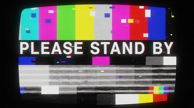 "Please Stand By" message displays on a retro TV, conveying a temporary interruption with glitch effects, a concept of technical difficulties and vintage aesthetic.