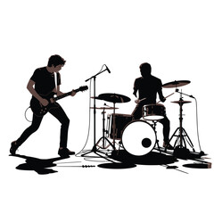 Obraz premium Two Silhouetted Musicians Performing Live Music a Guitarist and Drummer on Stage with Microphones and Drum Kit Black and White Illustration