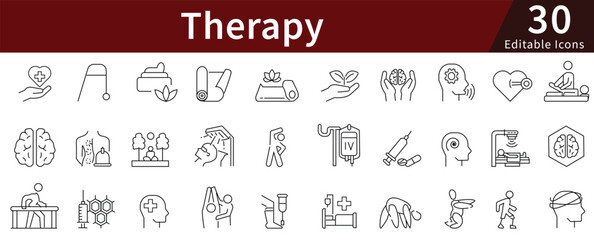 Therapy Line Icons Set with Editable Stroke for Mental Health and Medical Treatment