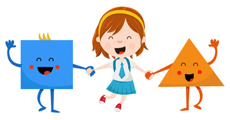 Cute School Girl Holding Hands With Triangle And Square Character