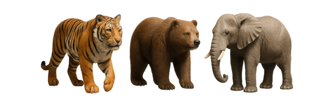 Resin animal figurines with realistic textures for an eclectic display in a family room.