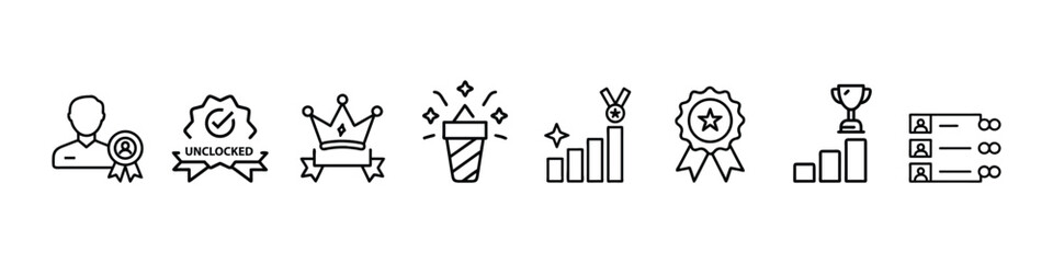 Minimal line icon set of achievement and ranking including user awards, progress badges, unlocked status, leadership crowns, growth bars, medals, trophies, leaderboard ranks