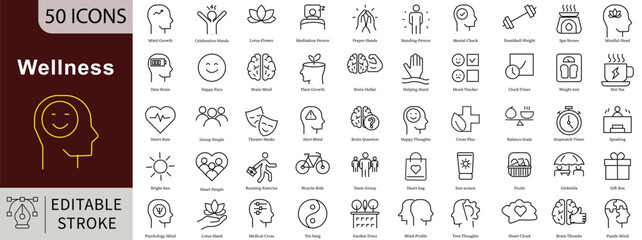 Wellness Line Icons Set with Editable Stroke for Health, Mental Well-being, and Self-care
