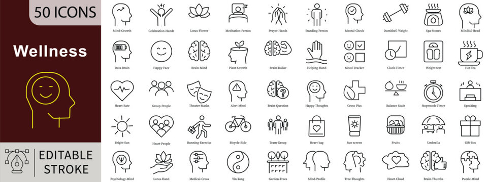Wellness Line Icons Set with Editable Stroke for Health, Mental Well-being, and Self-care