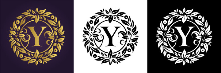 Luxury floral letter Y logo design in gold black and white versions  