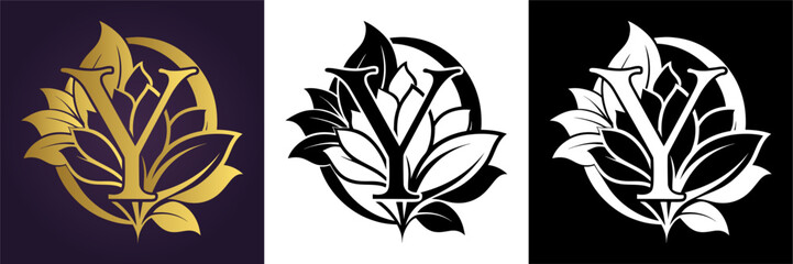 Luxury floral letter Y logo design in gold black and white versions  