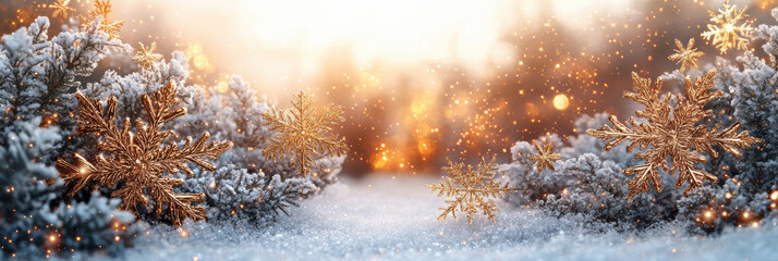 Sparkling snowflakes in a winter wonderland with glowing lights. Christmas banner