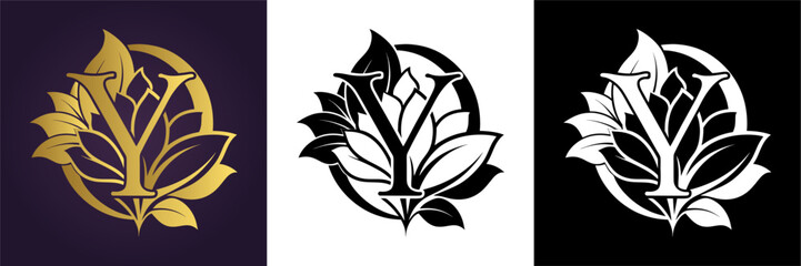 Luxury floral letter Y logo design in gold black and white versions  