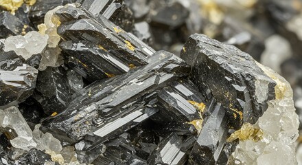Close-up view of a cluster of dark, crystalline minerals intermingled with lighter-colored crystals.