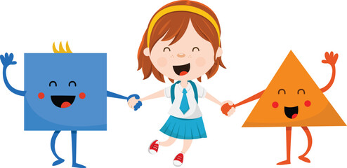 Cute School Girl Holding Hands With Triangle And Square Character