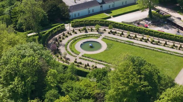 ch&acirc;teau seneffe fountain before orangery surrounding ground nearby repair work workshop areas visible indicating estate's circles aerial of de belgium 