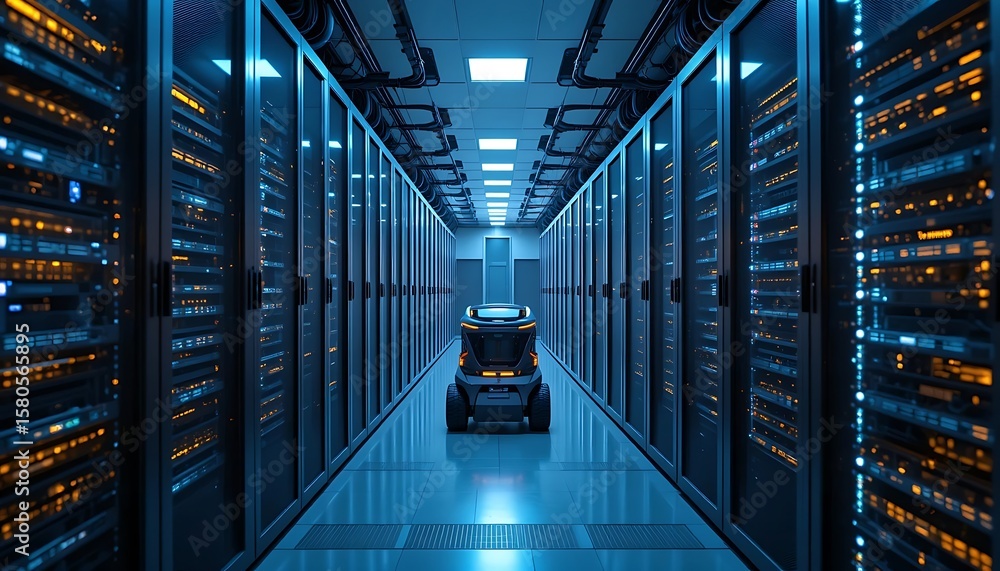 Poster autonomous robot navigating server room aisles for data center maintenance