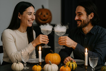 happy couple celebrating halloween at home with festive decorations including pumpkins and candles while toasting with smoking drinks