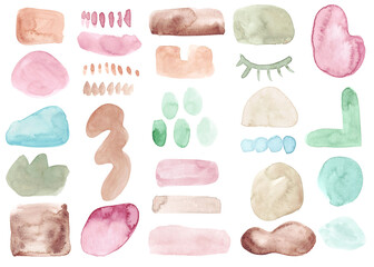 Modern watercolor art shapes elements set. Minimal art hand painted decoration shapes. Organic doodle, watercolor stain and painting shapes. round paint blob and brush geometric shapes.