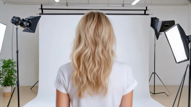 Stylish model with wavy hair poses photography studio, surrounded by softbox lights and white