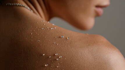 Fototapeta premium Fresh water drops on a woman's shoulder, clean bare skin covered with visible droplets, self-care and moisture concept for beauty product advertisement.