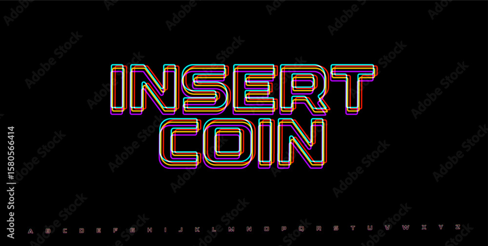 Poster insert coin retro glitch typography. rgb arcade interface element with neon distortion. vaporwave pi