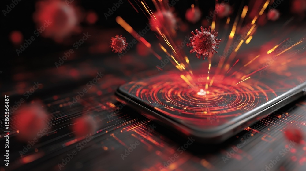 Poster abstract illustration of a smartphone emitting signals indicating a cyber attack with graphical elem
