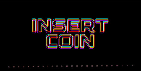 INSERT COIN retro glitch typography. RGB arcade interface element with neon distortion. Vaporwave pixel art style for gaming UI. Vector illustration.