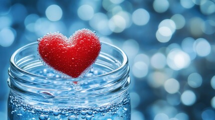 Red heart in bubbly water, glass jar