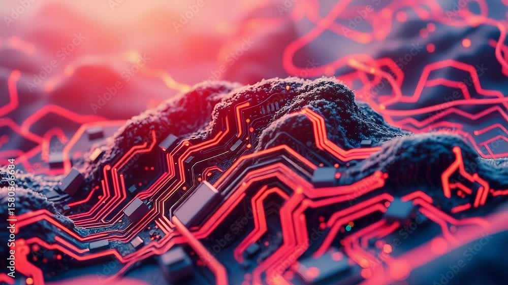 Aufkleber abstract landscape of glowing red circuit board pathways and components