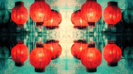 Reflective lanterns, symmetrical design, vibrant colors