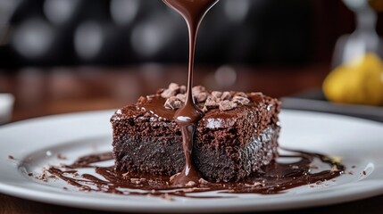 Rich, dark chocolate brownie, drizzled with melted chocolate, studded with chocolate chips, on a white plate