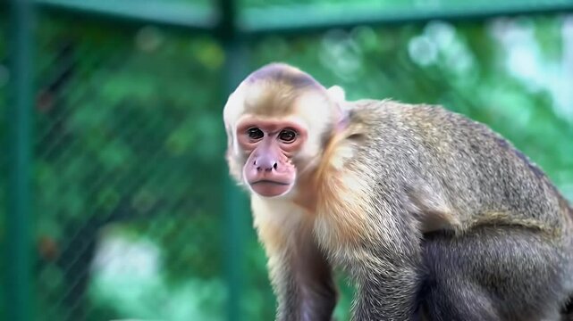 Curious capuchin monkey portrait with bright fur and direct gaze in a green environment, wildlife close-up