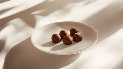 Round chocolates on white plate, sunlight casts shadows