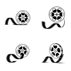 Four Black and White Film Reels with Film Strip Illustrations Isolated on White Background Pack 17 Simple Classic Cinema Movie Reel Icons Vector Graphics