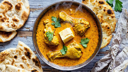 Hot butter chicken served with tandoori roti top view 