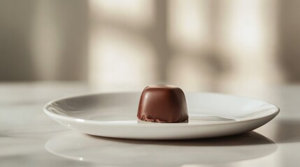 Single dark chocolate square confectionery on a white plate