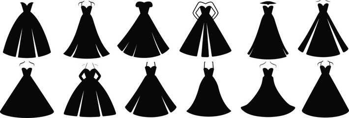Elegant Dress Silhouettes Collection, Fashion Vector Illustration, Stylish Gowns for Formal Wear, Bridal Design, Black Clipart for Apparel Concepts