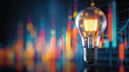 A luminous light bulb contrasts strikingly with an energetic backdrop of multicolored business analytics symbolizing the essential role of innovative thinking in shaping the future